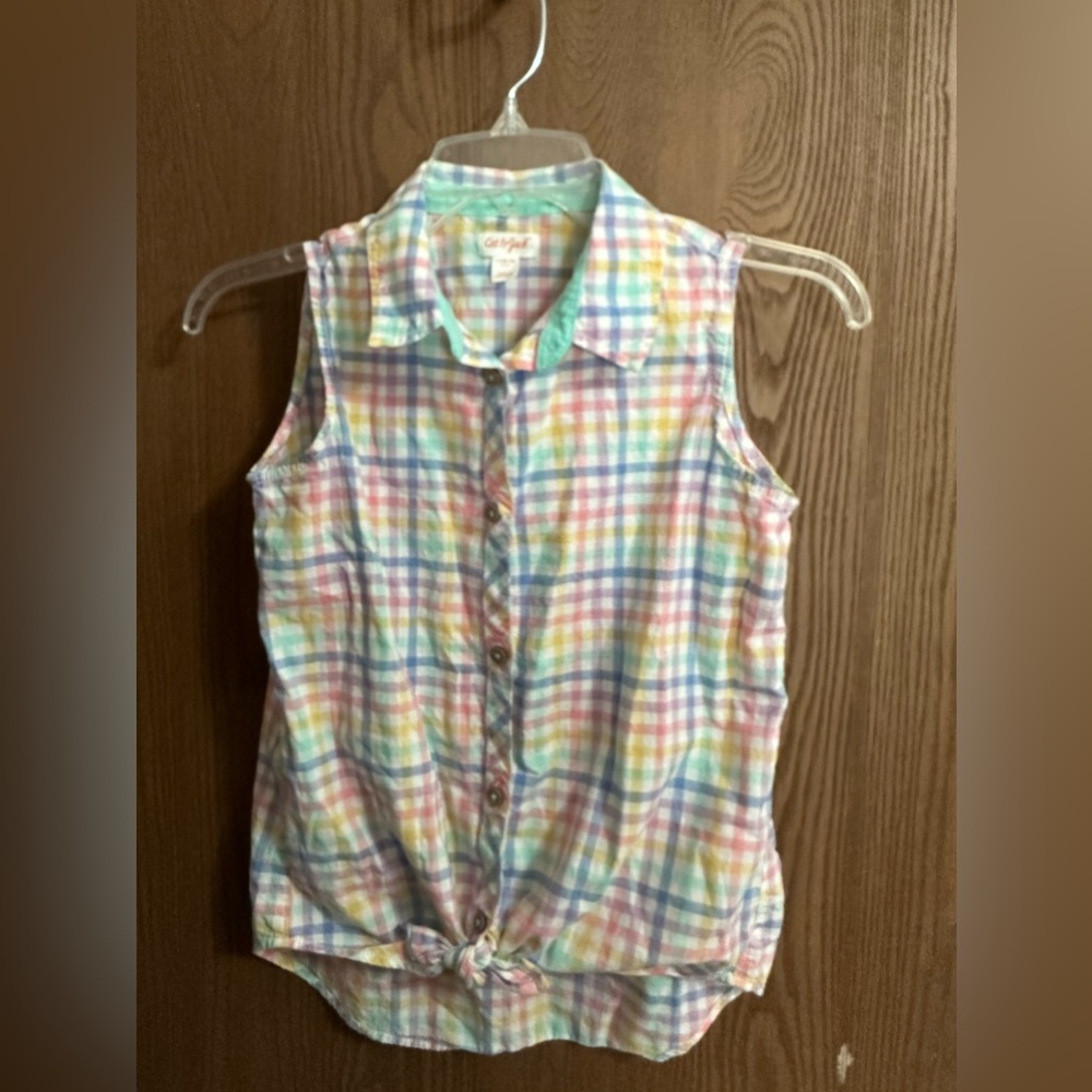 NWOT Cat & Jack sleeveless pastel checked tie front button up girls XL